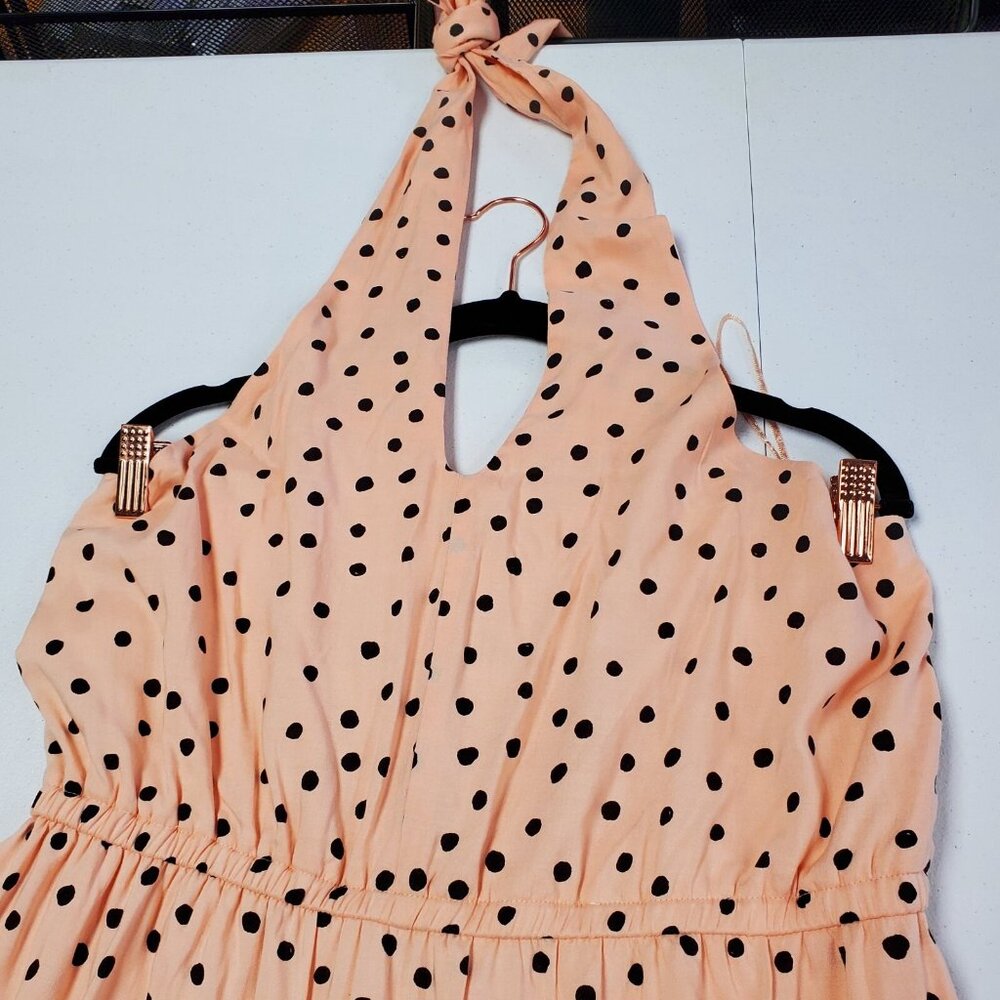Maurices Maxi Sundress Women Size L Peach Black Polka Dot Halter Elastic Back - Picture 5 of 12